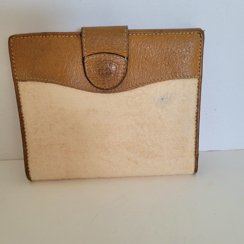 Vintage Gucci Bi-Fold Wallet Tan Leather & Canvas Made in Italy Snap Closure